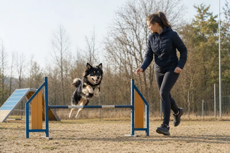 Finnischer Rentierhütehund trainiert mit seinem Besitzer über eine kleine Hürde auf dem Hundeplatz.