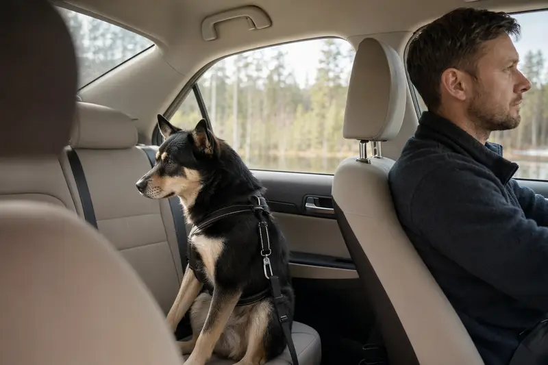 Ein Finnischer Rentierhütehund sitzt sicher angeschnallt auf der Rückbank eines Autos, während das Sonnenlicht durch das Fenster strömt.