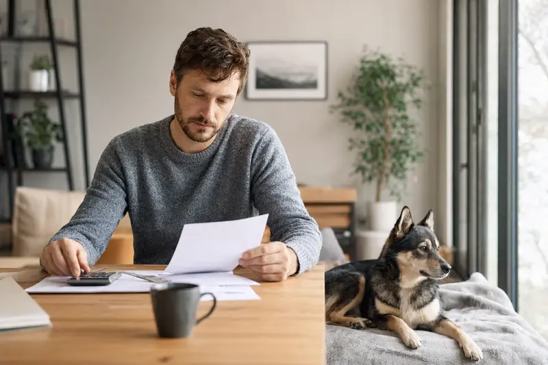 Ein Hundebesitzer sitzt mit einer Tierarztrechnung am Tisch, während sein entspannter Finnischer Rentierhütehund auf einer Decke liegt.