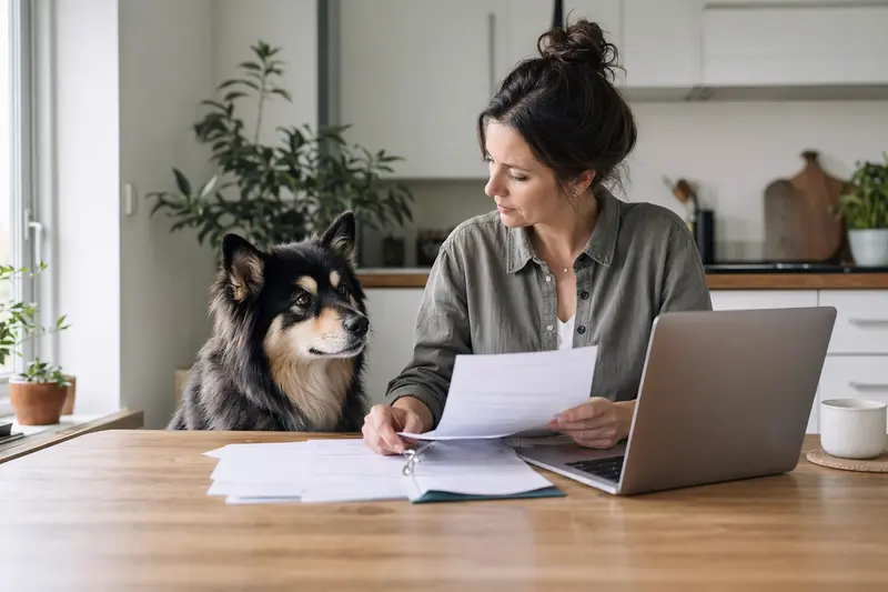 Ein Finnischer Rentierhütehund sitzt entspannt neben seinem Besitzer an einem Küchentisch mit Versicherungsunterlagen und einem Laptop.