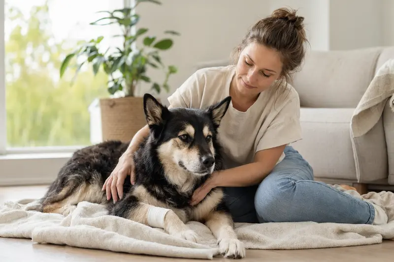 Ein Finnischer Rentierhütehund mit einem leichten Verband an der Pfote liegt entspannt auf einer Decke neben seinem erleichterten Besitzer in einer hellen Wohnung.