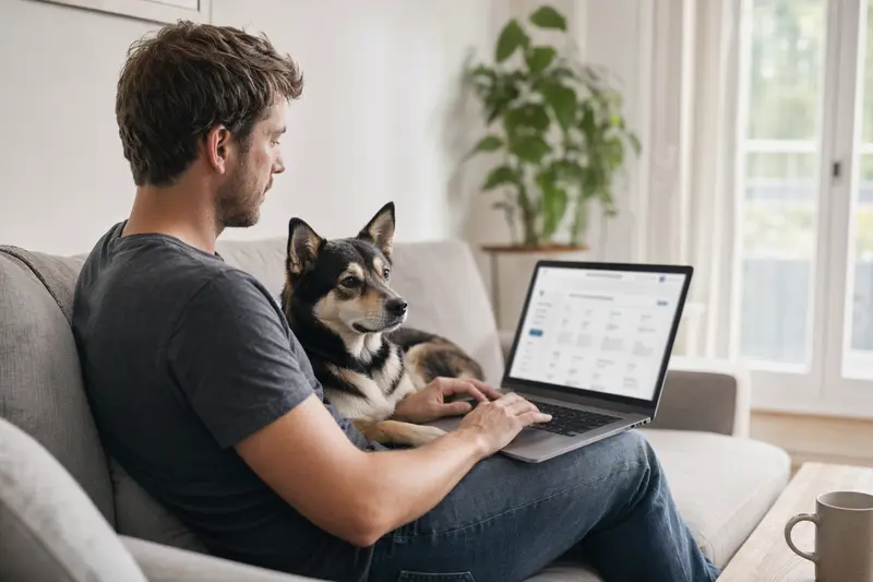 Ein Hund und sein Besitzer arbeiten gemeinsam an einem Laptop auf dem Sofa, um Informationen zu Tierversicherungen zu finden.