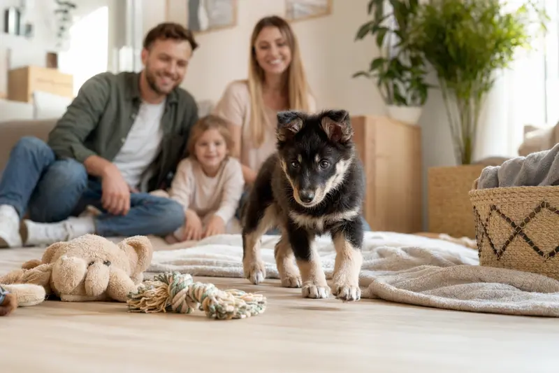 Ein neugieriger Finnischer Rentierhütehund Welpe entdeckt seine weiche Decke und Spielzeuge in einer freundlichen Wohnung.