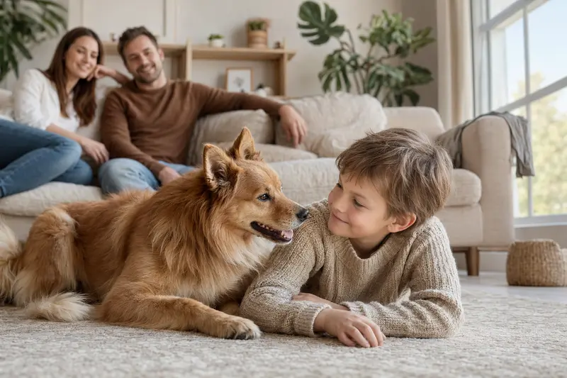 Ein freundlicher Finnischer Spitz Hund liegt entspannt neben einem Kind in einem hellen Wohnzimmer.