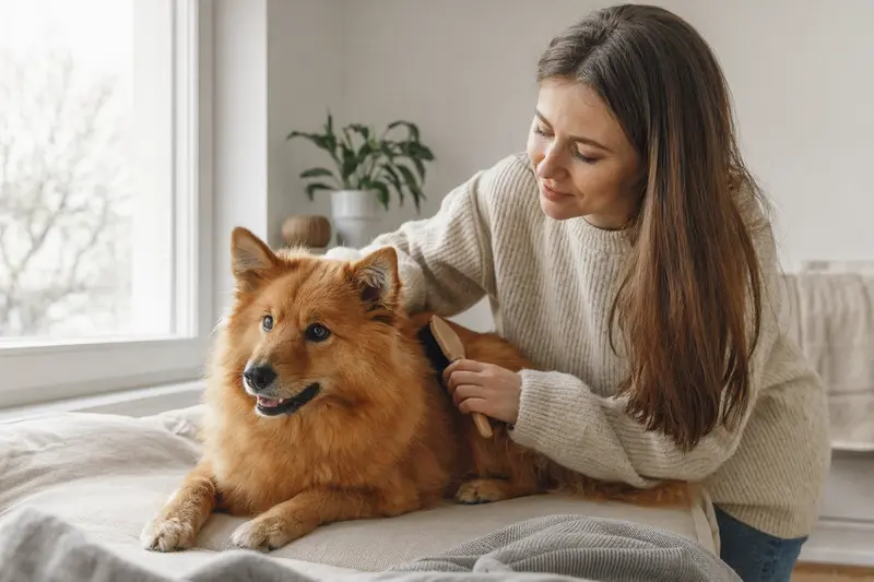 Ein Finnischer Spitz wird in einer hellen Wohnung von seinem Besitzer sanft gebürstet, während die Fellpflege ruhig und liebevoll erfolgt.