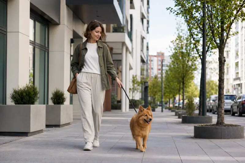 Ein Finnischer Spitz läuft an der Leine mit seinem Besitzer durch eine moderne Stadtstraße.