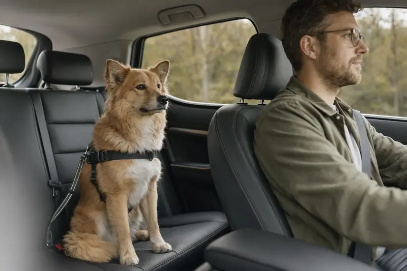 Ein Finnischer Spitz Hund sitzt sicher angeschnallt auf der Rückbank eines Autos und genießt die Fahrt im Sonnenlicht.