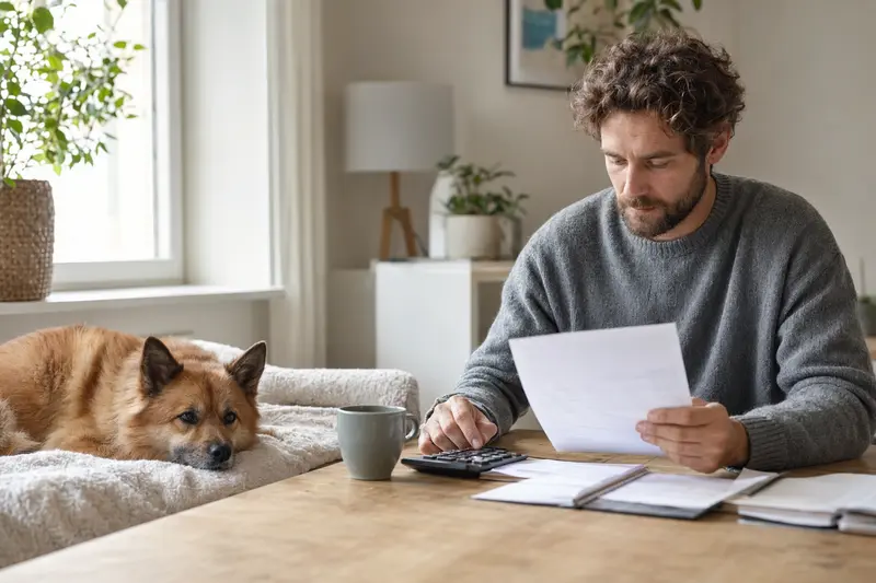 Ein Hundebesitzer sitzt mit einer Tierarztrechnung am Tisch, während ein entspannter Finnischer Spitz auf einer Decke liegt und die Situation ruhig bleibt.