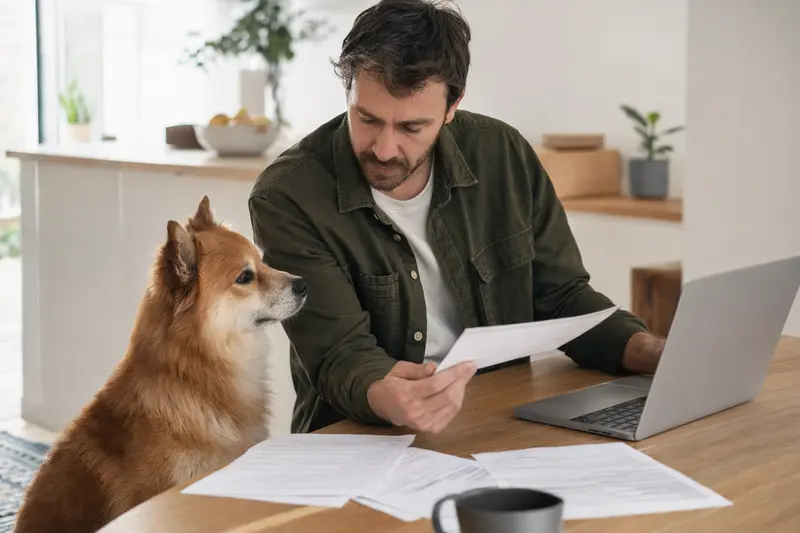 Ein Finnischer Spitz Hund sitzt ruhig neben seinem Besitzer am Küchentisch, während Versicherungsunterlagen und ein Laptop zu sehen sind.