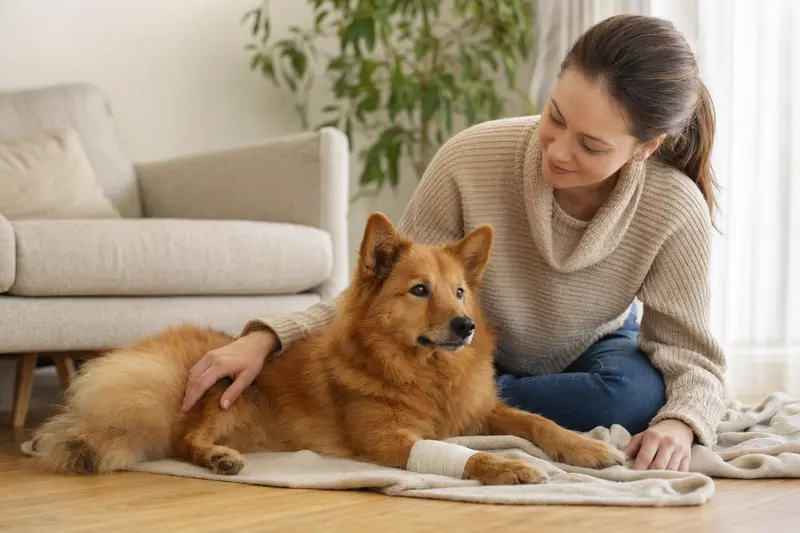 Ein Finnischer Spitz mit leichtem Verband an der Pfote liegt entspannt auf einer Decke, während der Besitzer erleichtert daneben sitzt.