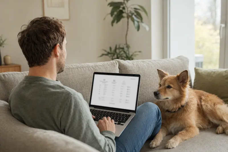 Ein Hundebesitzer sitzt mit einem Finnischen Spitz auf dem Sofa und vergleicht Tierversicherungen am Laptop in einer hellen Wohnung.