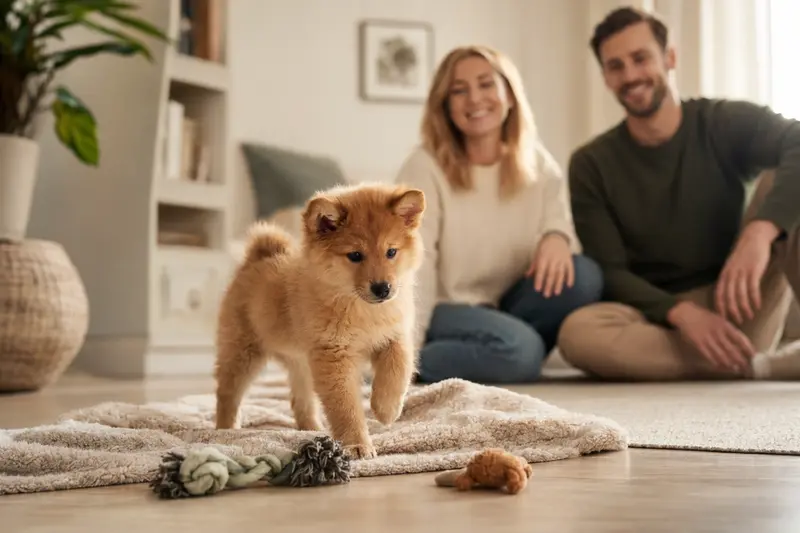 Ein neugieriger Finnischer Spitz Welpe erkundet sein neues Zuhause, umgeben von einer liebevollen Familie.