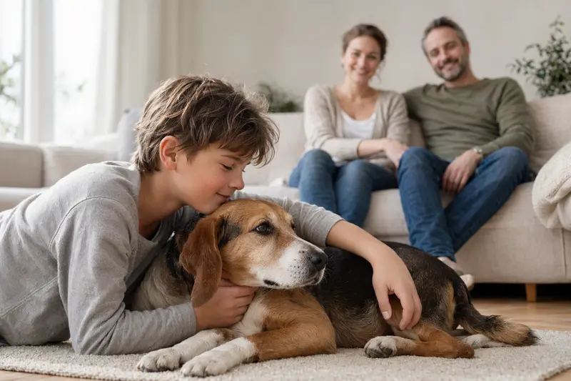 Ein freundlicher Finsk Stövare Hund liegt entspannt neben einem Kind in einem hellen Wohnzimmer.
