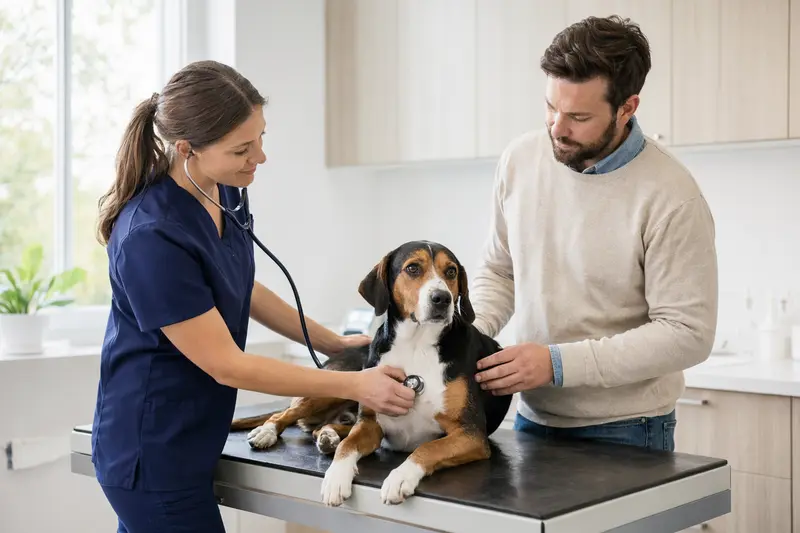 Ein freundlicher Finsk Stövare Hund wird behutsam von einer Tierärztin mit einem Stethoskop in einer modernen Tierarztpraxis untersucht, während der Besitzer beruhigend daneben steht.