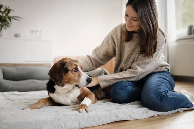 Ein Finsk Stövare Hund mit einem Verband an der Pfote liegt entspannt neben seinem Besitzer auf einer hellen Decke.