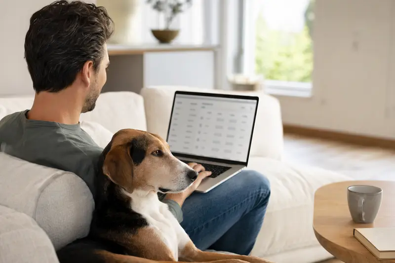 Ein Hundebesitzer nutzt einen Laptop auf dem Sofa neben seinem Finsk Stövare, während er Versicherungsoptionen für seinen Hund vergleicht.