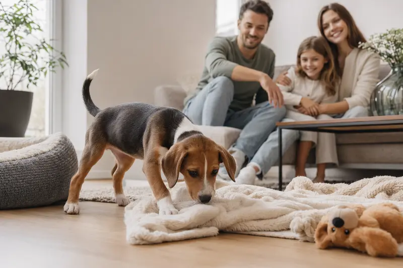 Ein neugieriger Finsk Stövare Welpe erkundet sein neues Zuhause und entdeckt Spielzeug sowie eine weiche Decke.