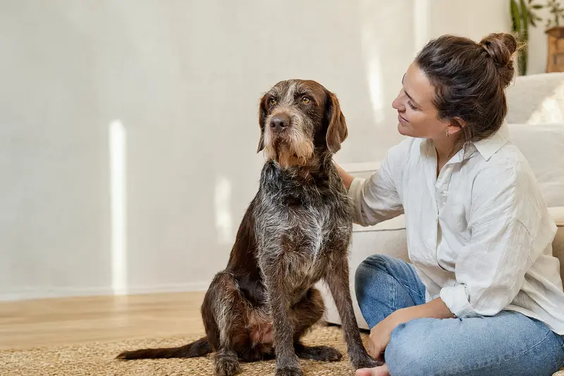 Ein aufmerksam stehender Flämischer Treibhund vor hellem Hintergrund als realistisches Hundeportrait für einen Ratgeber zu Tiergesundheit und Kosten.