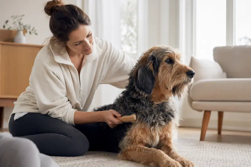 Ein Flämischer Treibhund wird in einer hellen Wohnung sanft gebürstet und gepflegt.