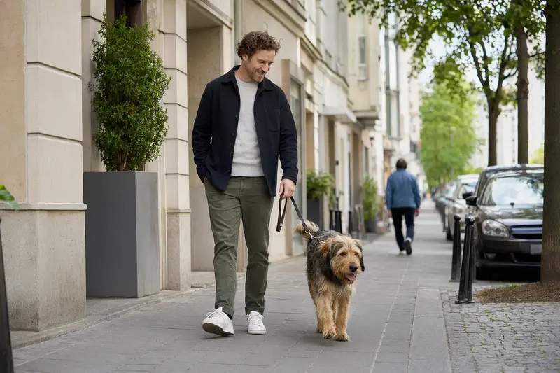 Ein Flämischer Treibhund läuft an der Leine entspannt mit seinem Besitzer durch eine moderne Stadtstraße.