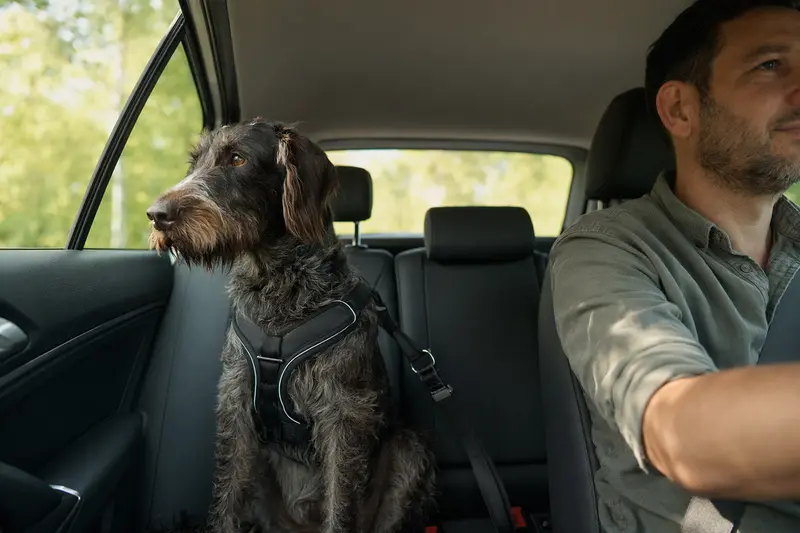 Ein Flämischer Treibhund sitzt sicher angeschnallt auf der Rückbank eines Autos, während der Besitzer ruhig fährt.