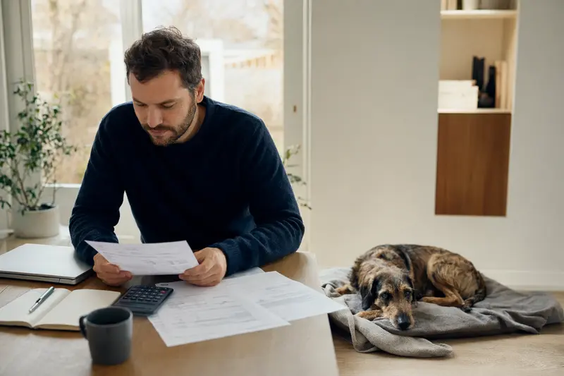 Ein Hundehalter sitzt mit einer Tierarztrechnung am Tisch, während ein entspannter Flämischer Treibhund auf einer Decke liegt.