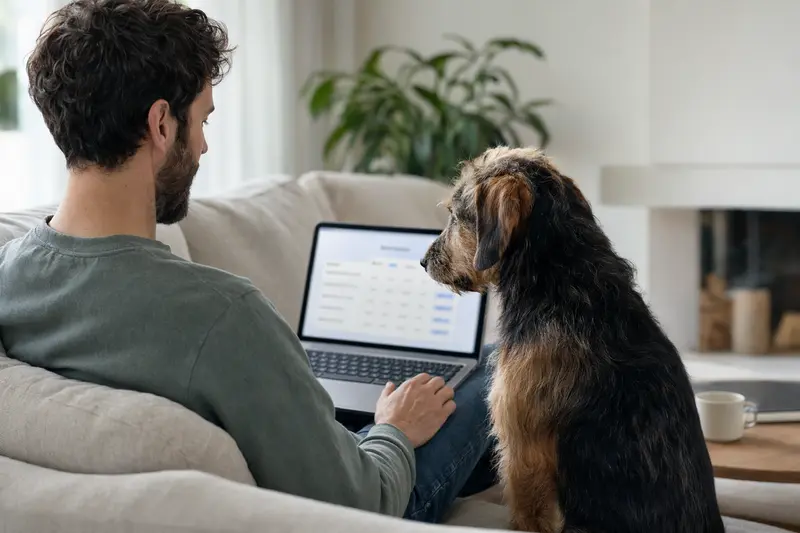 Ein Hundebesitzer arbeitet am Laptop auf dem Sofa, während ein Flämischer Treibhund neben ihm sitzt und eine neutrale Versicherungsvergleichs-Oberfläche auf dem Bildschirm angezeigt wird.