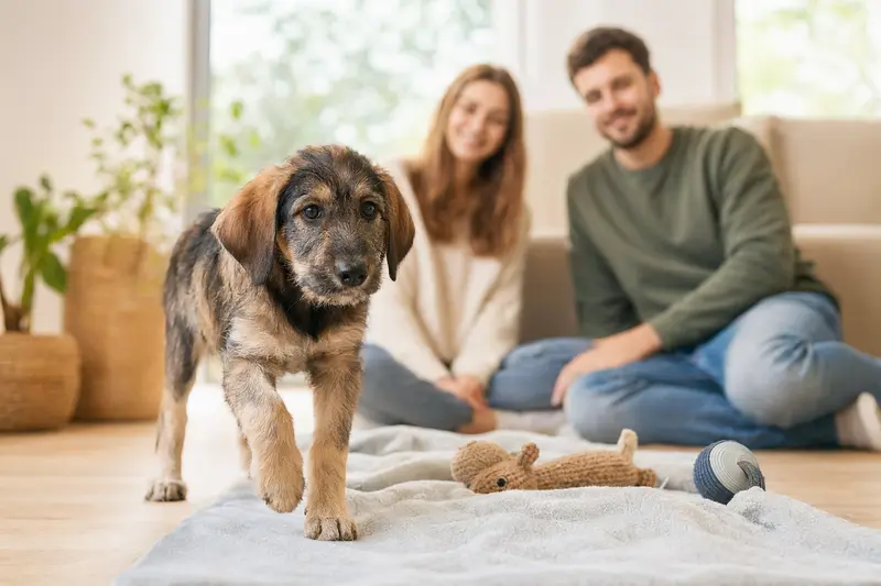 Ein neugieriger Flämischer Treibhund Welpe entdeckt seine neue Wohnung mit liebevoller Familie im Hintergrund.