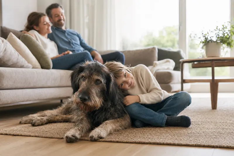 Ein freundlicher Flandrischer Treibhund entspannt neben einem Kind in einem hellen Wohnzimmer.
