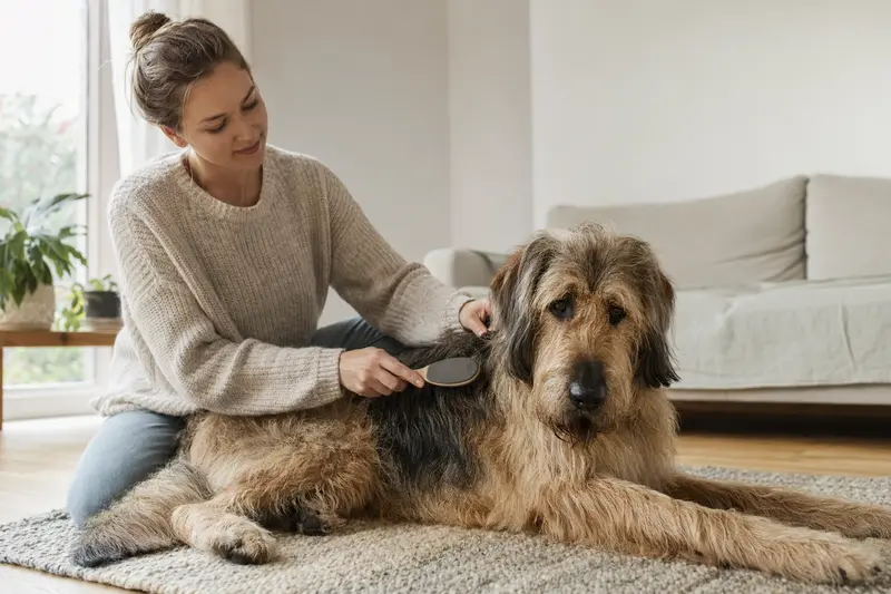 Ein Flandrischer Treibhund wird in einer hellen Wohnung sanft gebürstet, während sich sein Besitzer liebevoll um die Fellpflege kümmert.