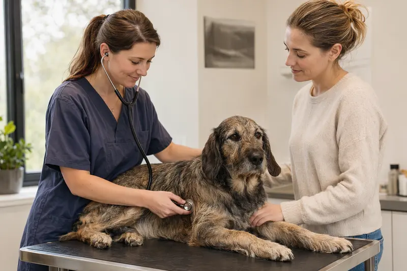 Ein ruhiger Flandrischer Treibhund wird sanft von einer Tierärztin mit Stethoskop in einer modernen Tierarztpraxis untersucht.