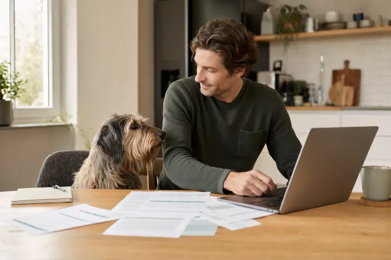 Ein Flandrischer Treibhund sitzt entspannt neben seinem Besitzer am Küchentisch mit Versicherungsunterlagen und einem Laptop.