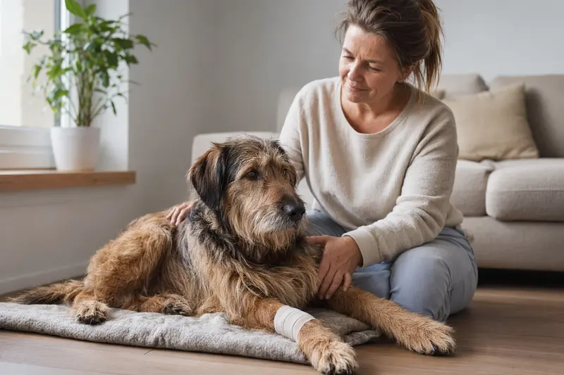Ein Flandrischer Treibhund mit leichtem Verband an der Pfote liegt entspannt auf einer Decke neben seinem Besitzer in einer hellen Wohnung.