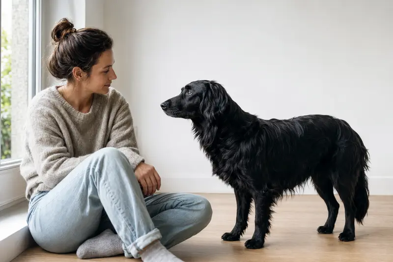 Ein aufmerksamer Flat Coated Retriever steht in natürlicher Haltung vor hellem Hintergrund und zeigt seine typische Fellstruktur im professionellen Hundeportrait.