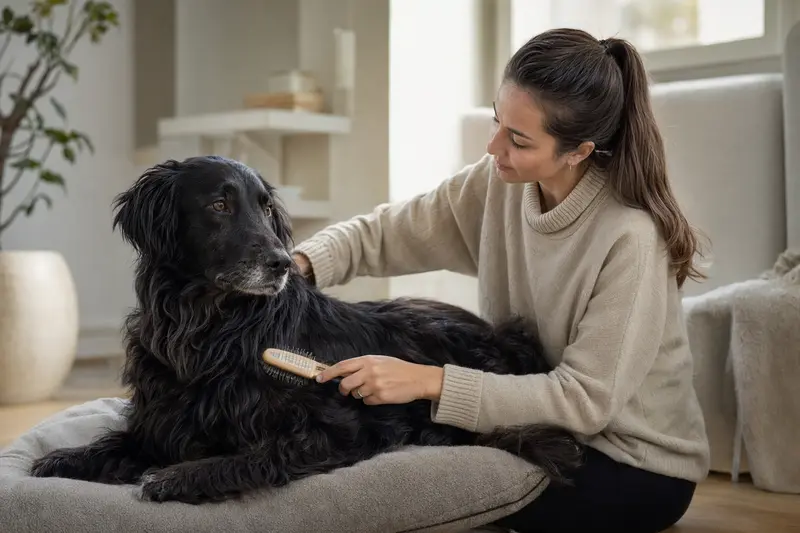 Ein Flat Coated Retriever wird in einer hellen Wohnung liebevoll gebürstet, während sein Besitzer die Fellpflege ruhig und aufmerksam übernimmt.