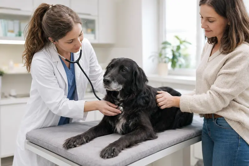 Ein ruhiger Flat Coated Retriever wird von einer freundlichen Tierärztin auf einem Untersuchungstisch untersucht.