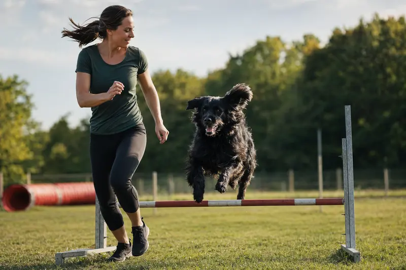 Ein aktiver Flat Coated Retriever springt mit seinem Besitzer über eine kleine Trainingshürde auf dem Hundeplatz.