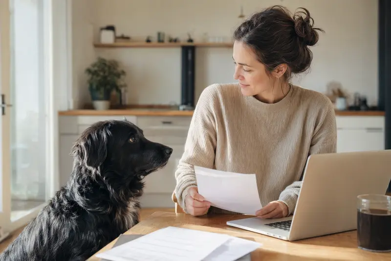 Ein ruhiger Flat Coated Retriever Hund sitzt mit seinem Besitzer am Küchentisch, auf dem Versicherungsunterlagen und ein Laptop liegen.