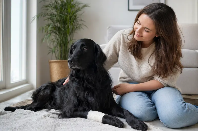 Ein Flat Coated Retriever mit Verband an der Pfote liegt entspannt neben seinem erleichterten Besitzer auf einer Decke.