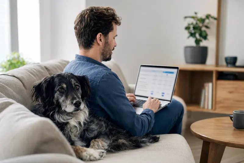 Ein Hundebesitzer sitzt auf dem Sofa mit einem Laptop, während ein Flat Coated Retriever neben ihm liegt und eine neutrale Versicherungsvergleichsseite auf dem Bildschirm sichtbar ist.