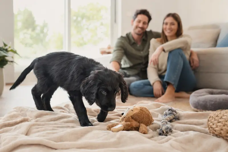 Ein neugieriger Flat Coated Retriever Welpe erkundet sein neues Zuhause mit einer weichen Decke und Spielzeug, während eine liebevolle Familie im Hintergrund zu sehen ist.