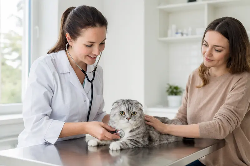Eine ruhige Foldex Katze wird von einer Tierärztin mit Stethoskop in einer modernen Praxis untersucht.