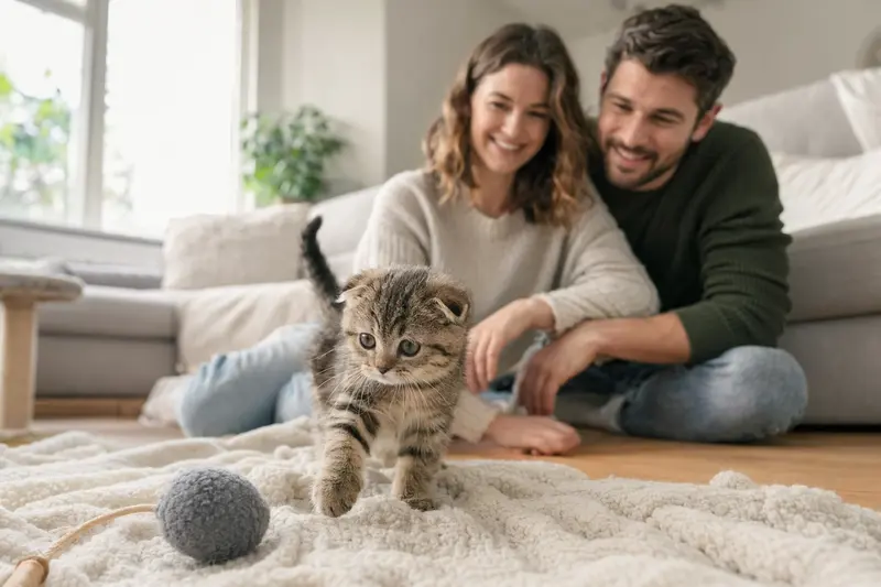 Ein neugieriges Foldex Katzen Kitten erkundet seine neue Umgebung auf einer weichen Decke, während eine liebevolle Familie im Hintergrund zu sehen ist.