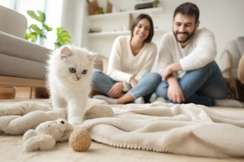 Neugieriges Foreign White Katzen Kitten erkundet sein neues Zuhause mit liebevoller Familie im Hintergrund.
