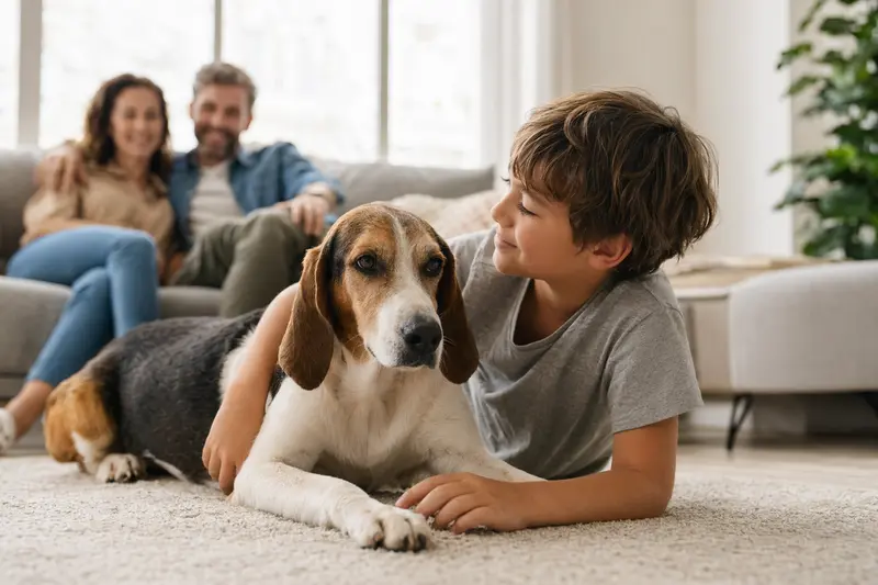Ein freundlicher Foxhound Hund liegt entspannt neben einem Kind im Wohnzimmer.