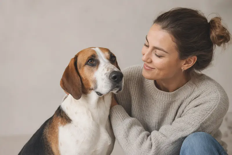 Ein aufmerksamer Foxhound steht in natürlicher Haltung vor hellem Hintergrund und zeigt sein typisches Fell und seine klare Körperform.