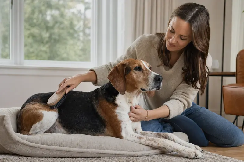 Ein Foxhound wird in einer hellen Wohnung sanft von seinem Besitzer gebürstet, was die liebevolle Fellpflege und verantwortungsvolle Hundegesundheit zeigt.