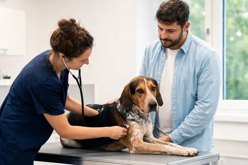 Ein ruhiger Foxhound wird von einer freundlichen Tierärztin in einer modernen Tierarztpraxis untersucht.
