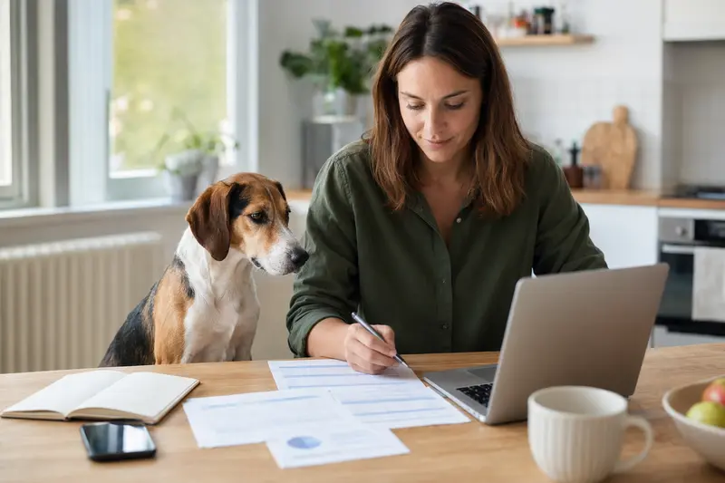 Ein Foxhound Hunde sitzt ruhig neben seinem Besitzer am Küchentisch, auf dem Versicherungsunterlagen und ein Laptop liegen.