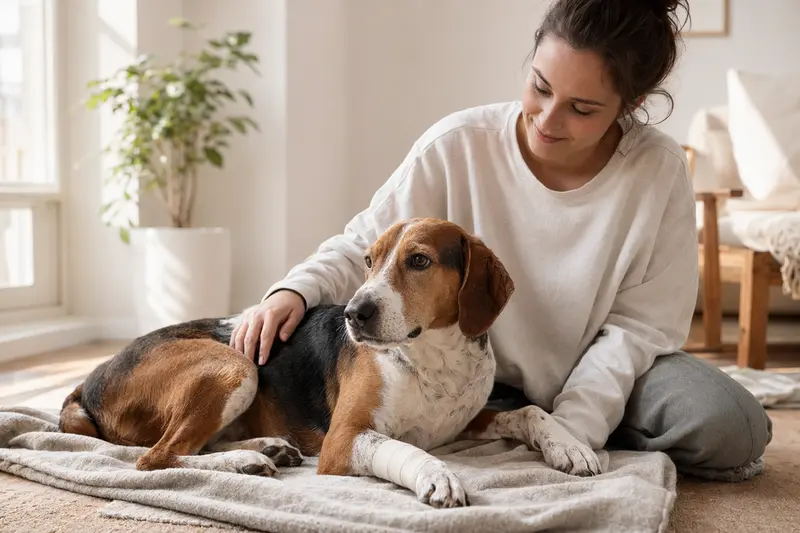 Ein Foxhound mit einem leichten Verband an der Pfote liegt entspannt auf einer Decke, während sein Besitzer neben ihm sitzt und erleichtert aussieht.